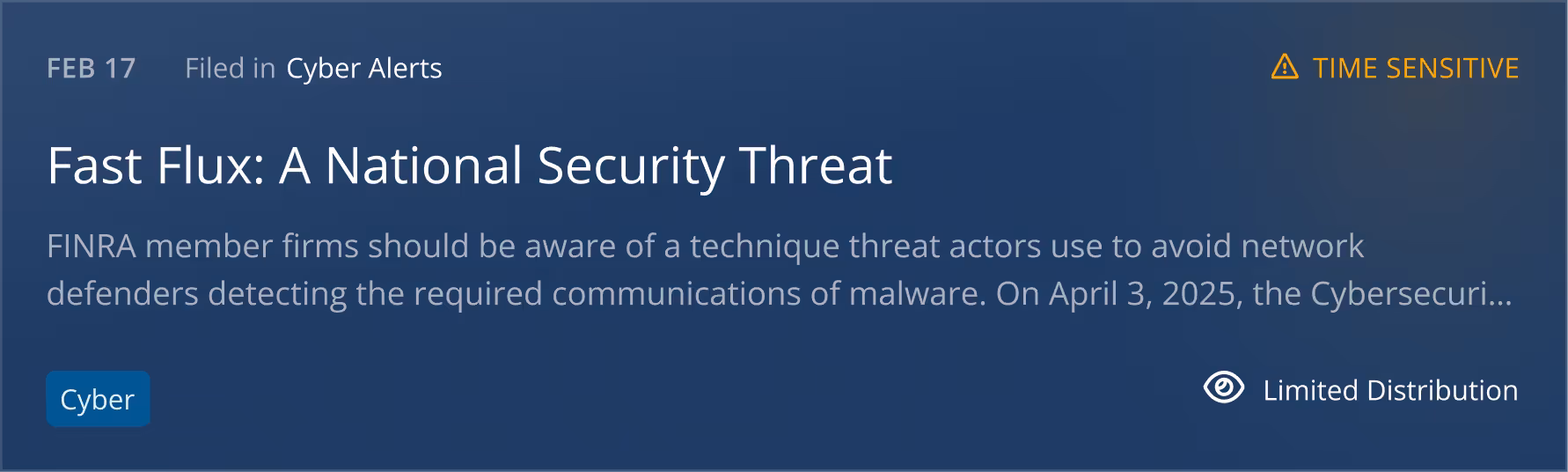 A time-sensitive intelligence item titled: Fast Flux, a National Security Threat